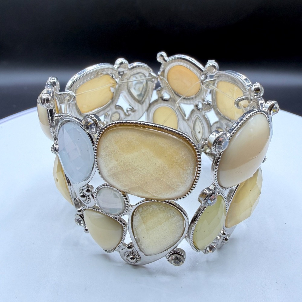 Chunky Cream Yellow Blue Rhinestone Stretch Cuff Bracelet Silver Tone Statement